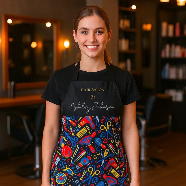 Delantal Hair salon folk pattern — black, red & blue (Subido por el creador)