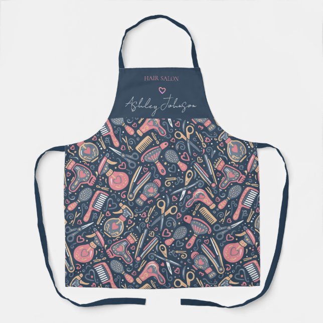 Delantal Hair salon folk pattern — navy & blush (Anverso)