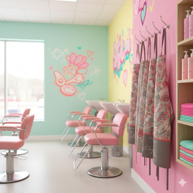 Delantal Hair salon folk pattern — taupe & coral (Subido por el creador)