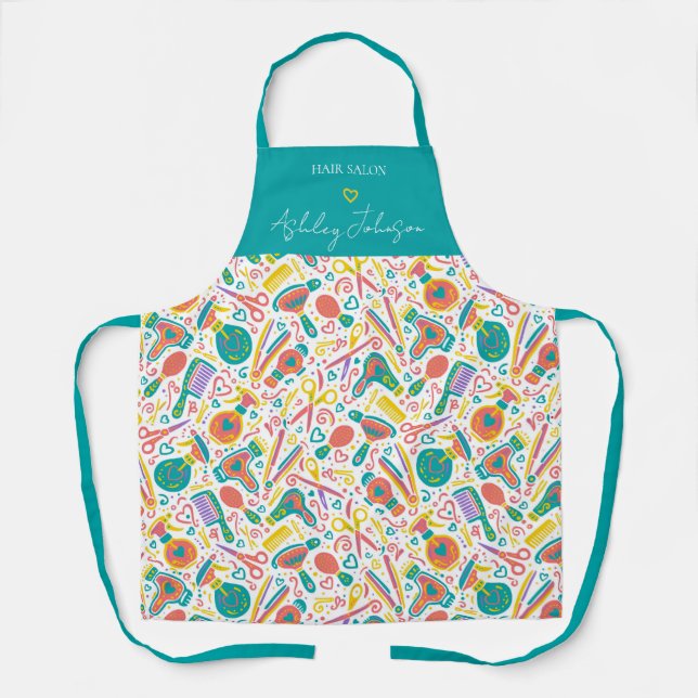 Delantal Hair salon folk pattern — teal, coral & mustard (Anverso)