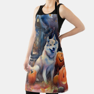 Delantal Halloween Alaskan Malamute con calabazas aterrador