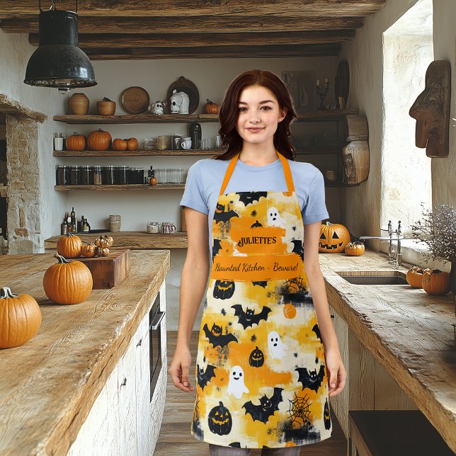 Delantal Halloween amarillo con fantasmas, calabazas y murc (Subido por el creador)