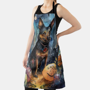 Delantal Halloween Australian Kelpie con calabazas aterrado