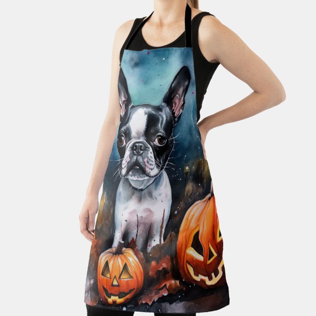 Delantal Halloween Boston Terrier con calabazas aterradoras (in situ)