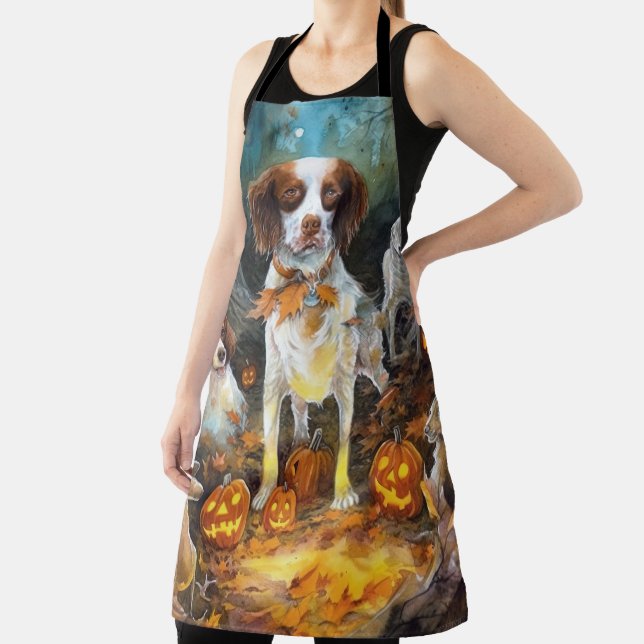Delantal Halloween Brittany Spaniel con calabazas aterrador (in situ)