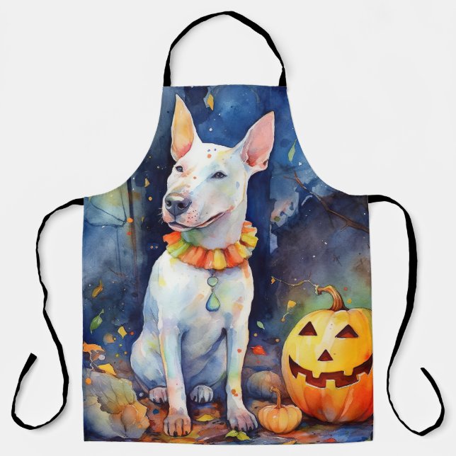 Delantal Halloween Bull Terrier con calabazas aterradoras (Anverso)