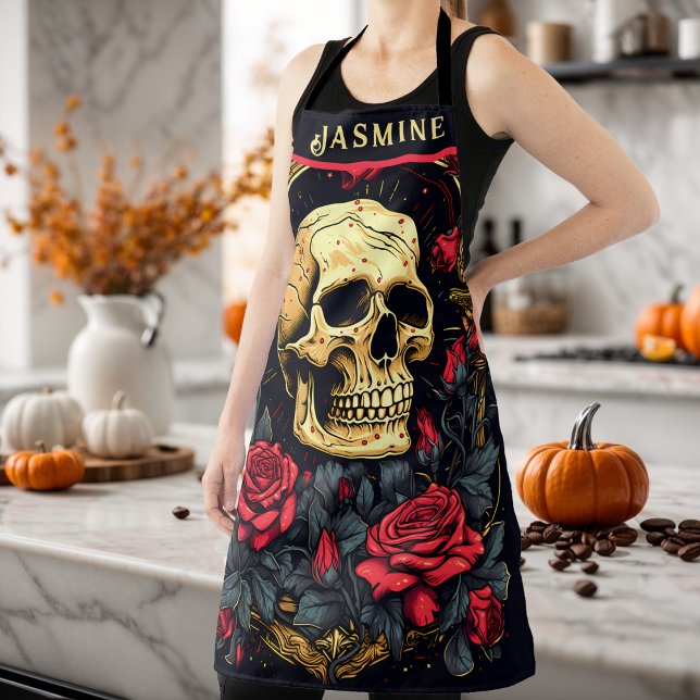 Delantal Halloween de cráneo gótico Roses rojos (Skull and Roses Apron Make You Halloween Party Ready )