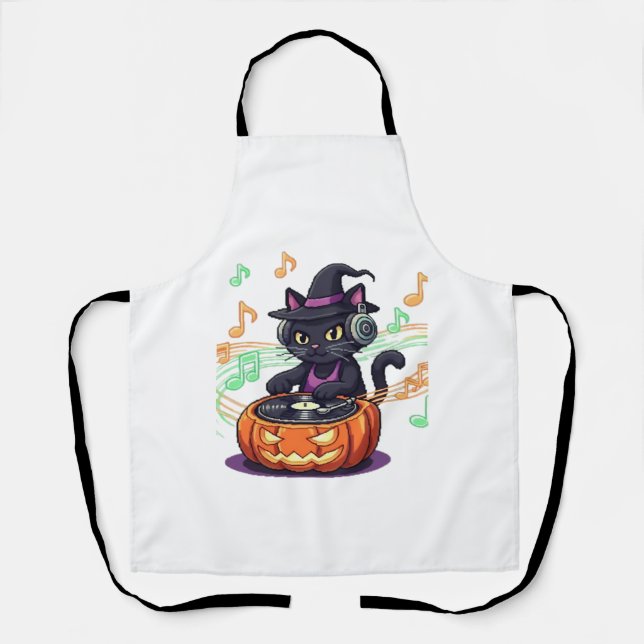 Delantal Halloween del gato Dj camiseta sobredimensionada (Anverso)