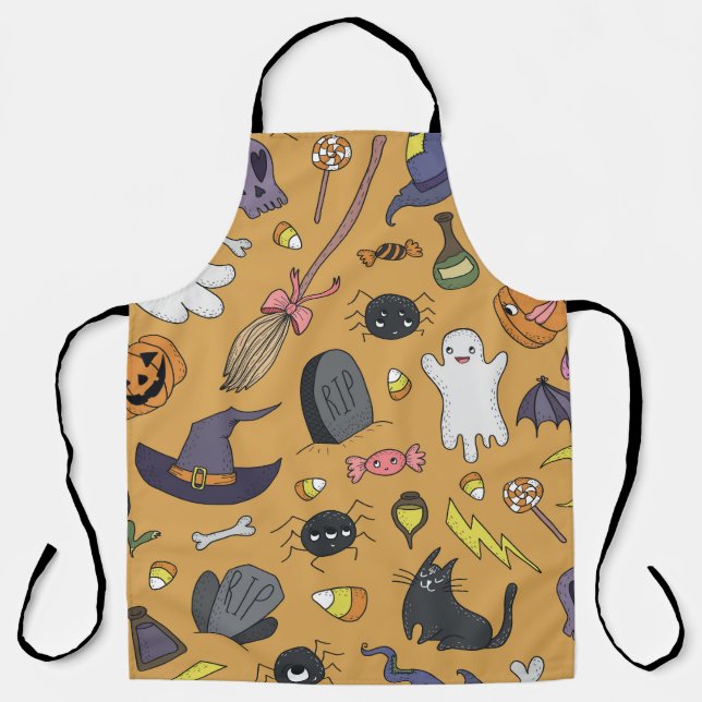 Delantal Halloween Doodle Objects Seless Pattern (Anverso)