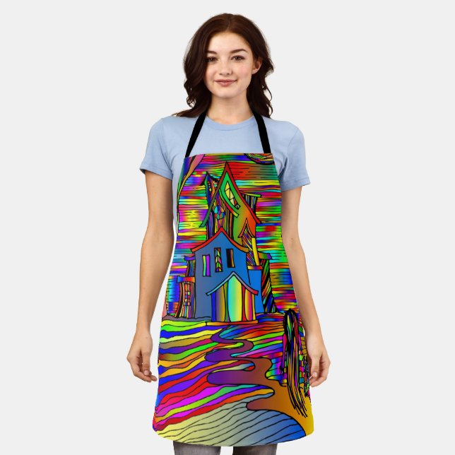 Delantal Halloween embrujado casa temerosa Resumen colorido (Gastado)