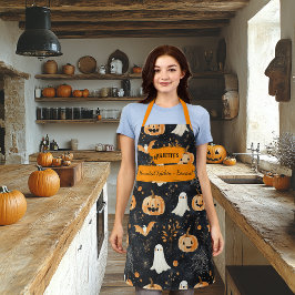 Delantal Halloween negro con fantasmas, calabazas y murciél