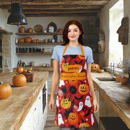 Delantal Halloween rojo con calabazas, fantasmas y murciéla