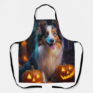Delantal Halloween Shetland Sheepdog con calabazas asustada