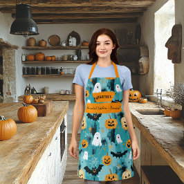Delantal Halloween Verde Teal con Fantasmas, Calabazas y Mu