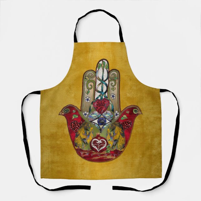Delantal Hamsa Pájaro Rojo Corazón Granada Rubí (Anverso)