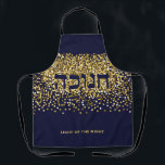 Delantal Hanukkah hebrea enciende Purpurina de oro nocturno<br><div class="desc">¡Haga sonreír al personal de la cocina! Hebreo Hanukkah enciende al Purpurina de Oro Nocturno/Marina. El purpurina de oro sobre fondo marino es el telón de fondo perfecto para este mensaje festivo de Hanukkah. Incluye la palabra hebrea "CHANUKAH" . Puedes hacer de esta plataforma tu propio mensaje personal. El texto...</div>