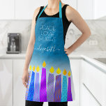 Delantal Hanukkah Menorah Candle Turquoise Peace Love Light<br><div class="desc">"Paz, amor y luz". Aquí hay una forma maravillosa de añadir a la diversión de sus vacaciones horneando. Añade brillo extra a tus aventuras culinarias vacacionales cuando usas este impresionante, colorido y personalizado delantal Hanukkah. Un ilustracion juguetón y artístico de velas de menorah azul con coloridos motivos de Relieve metalizado...</div>