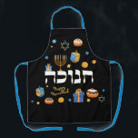 Delantal Hanukkah Menorah Dreidel<br><div class="desc">Fijar un tono feliz de Hanukkah con nuestro audaz y brillante Apron Hanukkah. Asegúrate de hacer una sonrisa especial a alguien. Es la manera perfecta de desear a amigos y familiares un Hanukkah feliz. Elementos caprichosos y coloridos del Chanukah -incluyendo Jelly Donuts, Dreidels, Wrapped Gifts, Gold Coins y Stars of...</div>