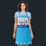 Delantal Hanukkah Menorah Dreidel Donut<br><div class="desc">Elementos caprichosos y coloridos del Chanukah — Jelly Donuts, Dreidels, Wrapped Gifts, Gold Coins y Stars of David — rodean la palabra CHANUKAH en hebreo. Fijar un tono feliz de Hanukkah con este audaz y brillante Apron Hanukkah. Seguro que alguien sonríe. Es la manera perfecta de desear a amigos y...</div>