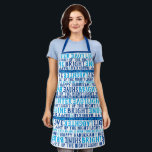 Delantal HAPPY HANUKKAH Love Light Laughter Typography Blue<br><div class="desc">¡FELIZ HANUKKAH Love Light Laughter Typography Apron lo dice todo! Usa tus buenos deseos y alegra el día de alguien. Este delantal es una manera fantástica de desear a la familia y amigos un Chanukah feliz que incluye la RISA del AMOR. Tengo un pequeño dreidel, Shine Bright, y Light up...</div>