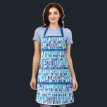 Delantal HAPPY HANUKKAH Love Light Laughter Typography Blue<br><div class="desc">¡FELIZ HANUKKAH Love Light Laughter Typography Apron lo dice todo! Usa tus buenos deseos y alegra el día de alguien. Este delantal es una manera fantástica de desear a la familia y amigos un Chanukah feliz que incluye la RISA del AMOR. Tengo un pequeño dreidel, Shine Bright, y Light up...</div>
