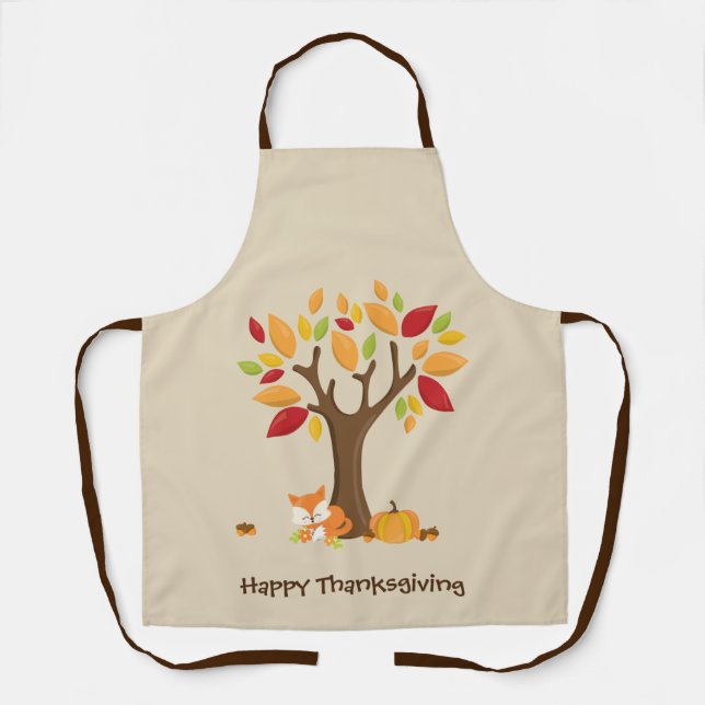 Delantal Happy Thanksgiving with Tree, Fox & Pumpkin  (Anverso)