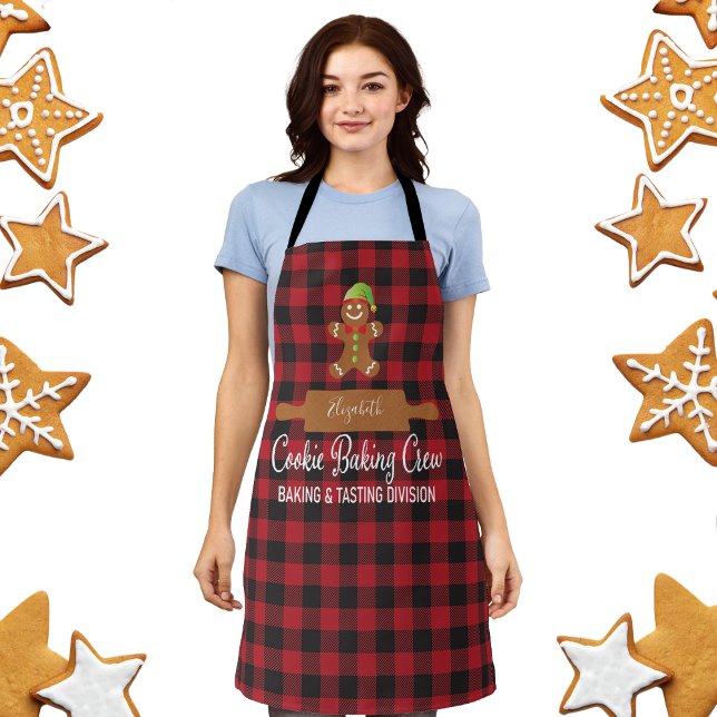 Delantal Harina de festividad roja y rusa (Holiday Baking Apron With Monogram Name  Cookie Baking Crew - Plaid with gingerbread man)