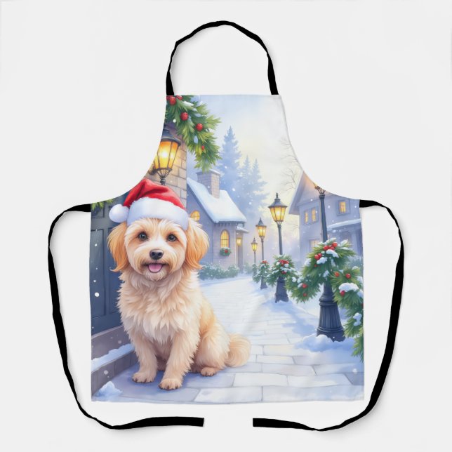 Delantal Havanese Snowy Village Walk Santa Hat Christmas (Anverso)