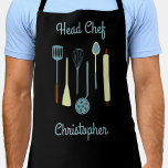 Delantal Head Chef Personalized Apron<br><div class="desc">Diseño de Divertido Jefe Chef con utensilios de cocina para su chef,  cocinero o experto en parrilladas favorito. Cambie el nombre a personalizar.</div>