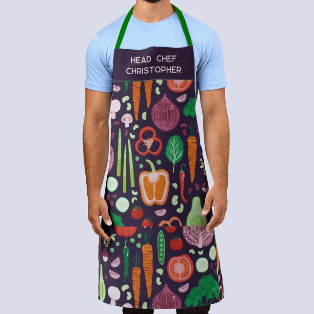 Delantal Head Chef Personalized Modern Vegetable Pattern (Personalized head chef custom name vegetable pattern apron for a cook or grill master dad)