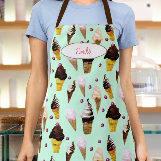 Delantal Heladería Verde Menta Personalizada (This retro mint green ice cream apron features my own watercolor art of chocolate and vanilla cones.)