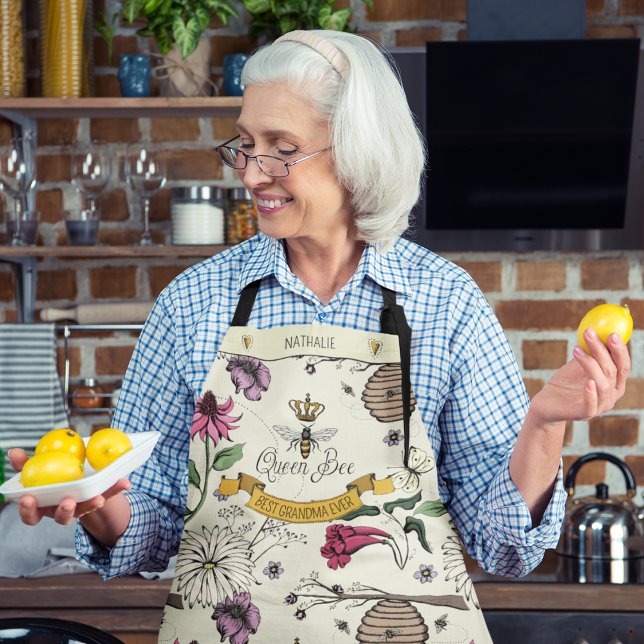 Delantal Hermosa abeja reina amarilla y negra para la abuel (Pretty Hand-drawn Queen Bee Custom Name & Message.
Custom Strap Color.)