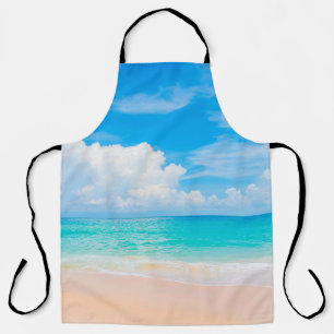 Delantal Hermosa playa tropical con cielo azul y c blanco
