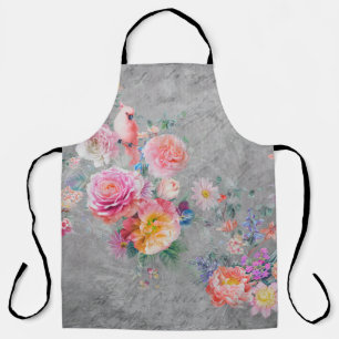 Delantal Hermosas flores multicolores y pájaros en el cóncr