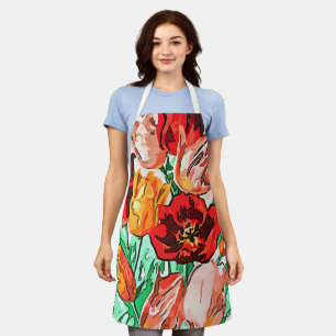 Delantal Hermoso Bouquet Floral Tulipanes Arte Contorno Neg
