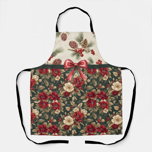 Delantal Hermoso floral de Navidad y piñas (Anverso)