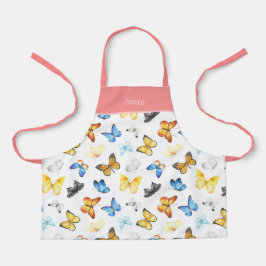 Delantal Hermoso patrón de mariposa con nombre cocina rosa