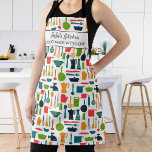 Delantal Herramientas de cocina del chef Nombre personaliza<br><div class="desc">Un divertido delantal con coloridas herramientas de cocina y dos líneas de texto personalizado, Añadir el nombre de una persona, el nombre de negocio o borrar el texto y rectángulo y simplemente tener el patrón. Perfecto como regalo de cumpleaños, delantal para los propietarios de cafés y restaurantes de pequeñas empresas,...</div>