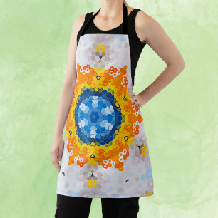 Delantal Hex Mandala Naranja amarillo azul y blanco
