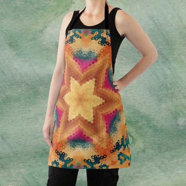 Delantal Hex Mandala Naranja azul y rosa (Orange Blue and Pink Hexagon Mandala Apron by Wormhole Orbital)