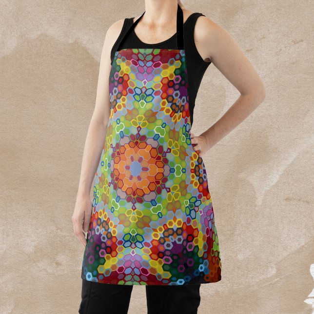 Delantal Hex Mandala Rosa verde y Naranja (Green Pink and Orange Hexagon Mandala Apron by Wormhole Orbital)