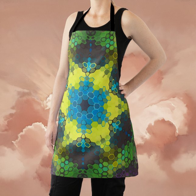Delantal Hex Mandala Verde Amarillo y Azul (Green and Blue Hexagon Mandala Apron By Wormhole Orbital)