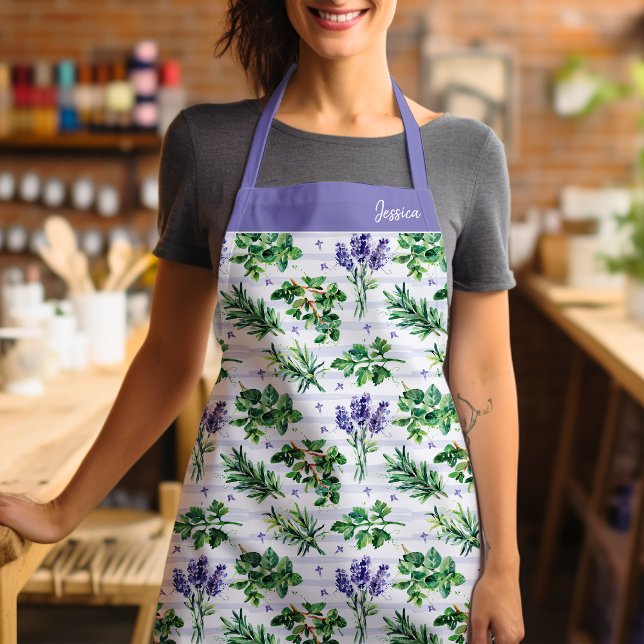 Delantal Hierbas de cocción acuarela y patrón de lavanda (Just the right ingredient to dazzle everyone and stay fashionable while you're cooking up a storm.)