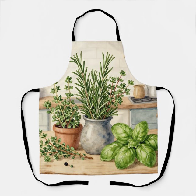 Delantal Hierbas frescas de cocina acuarela  (Anverso)