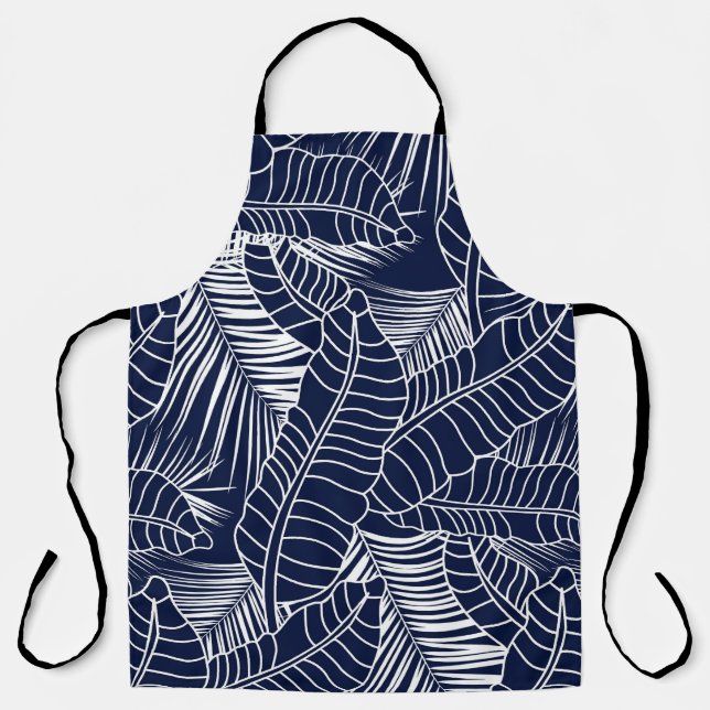 Delantal Hoja tropical, fondo azul marino (Anverso)