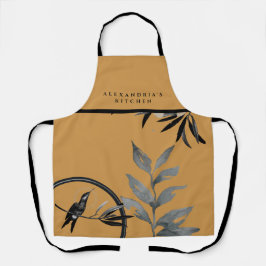 Delantal Hojas acuáticas de mostaza + Cocina de nombre