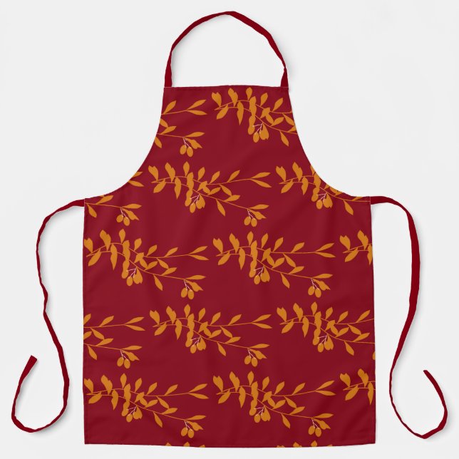 Delantal hojas de la rama de silueta naranja en rojo (Anverso)