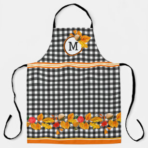 Delantal Hojas de Otoño en Gingham Negro Monogramado