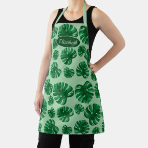 Delantal Hojas de Palma Monstera Verde Tropical & Nombre Pe