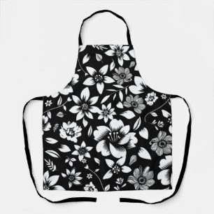 Delantal Hojas florales modernas negras y blancas ondeando